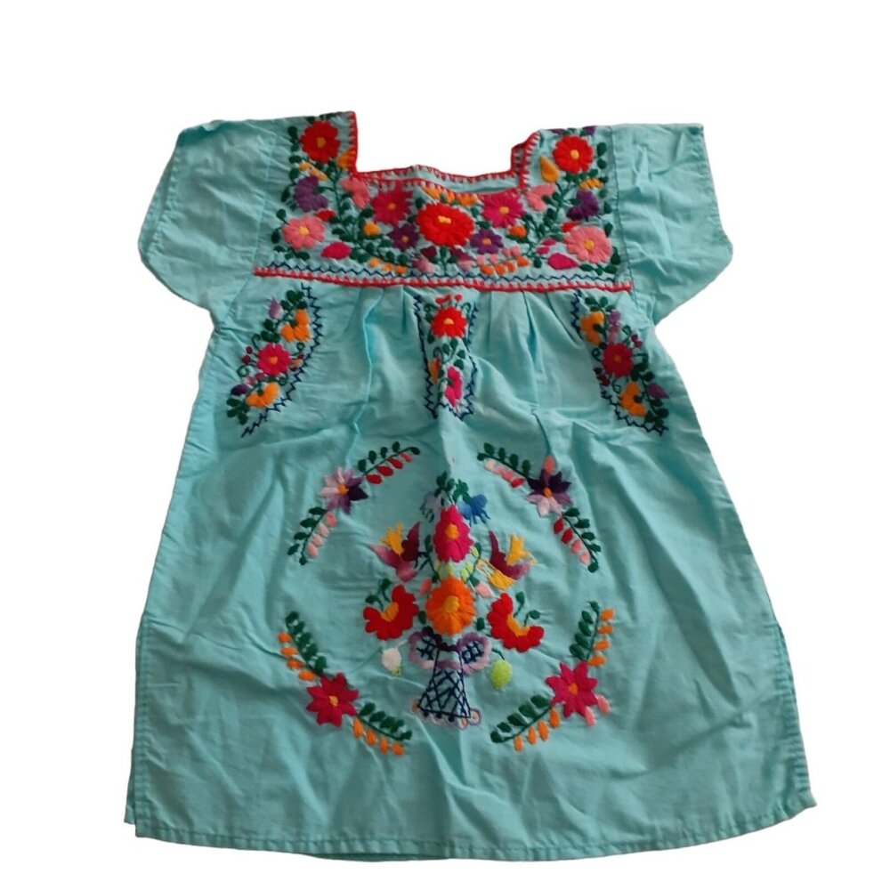 Mexican Puebla Little Peasant Dress Girls Boho Blue with Floral Embroidered 6-6X